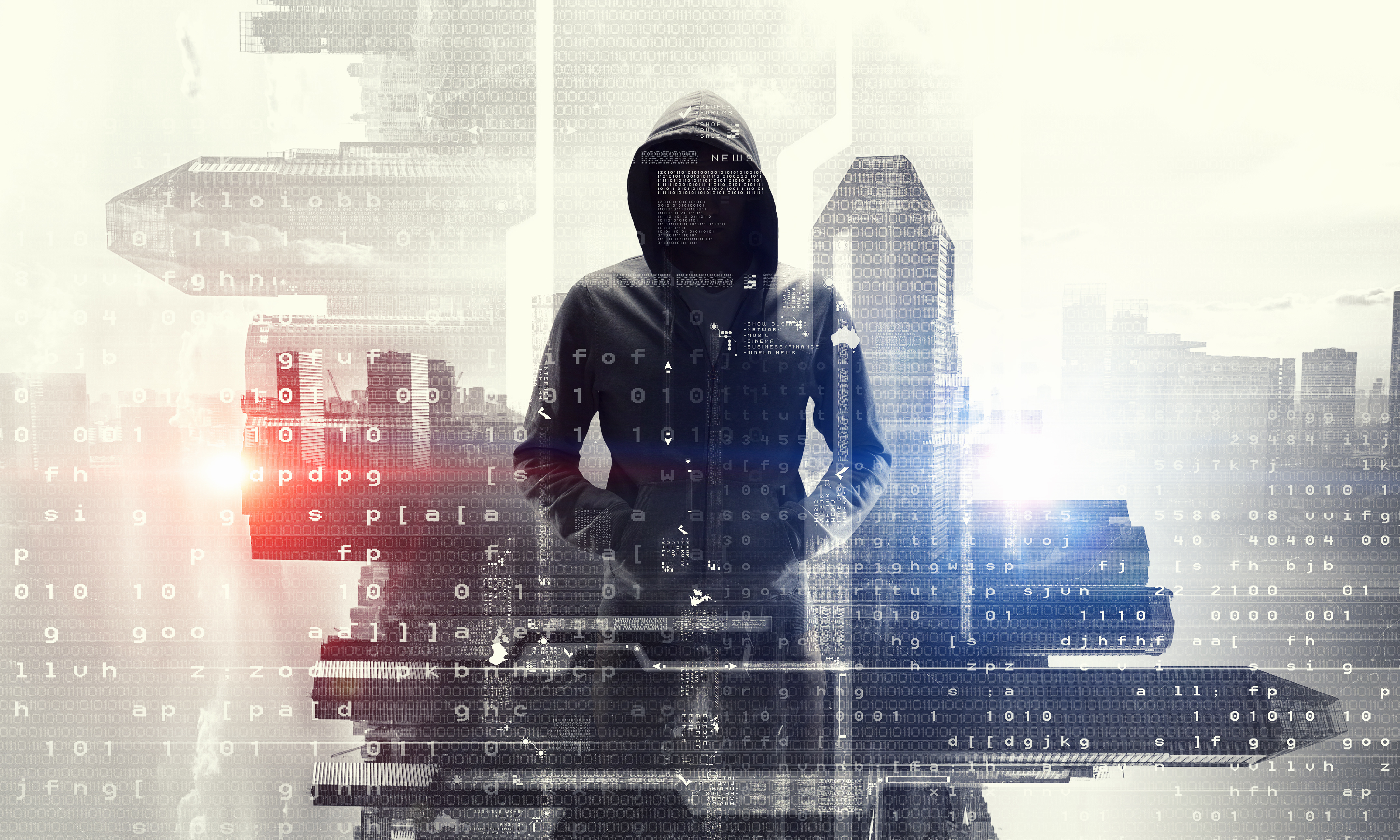 Double exposure of hacker wearing hoodie and modern city