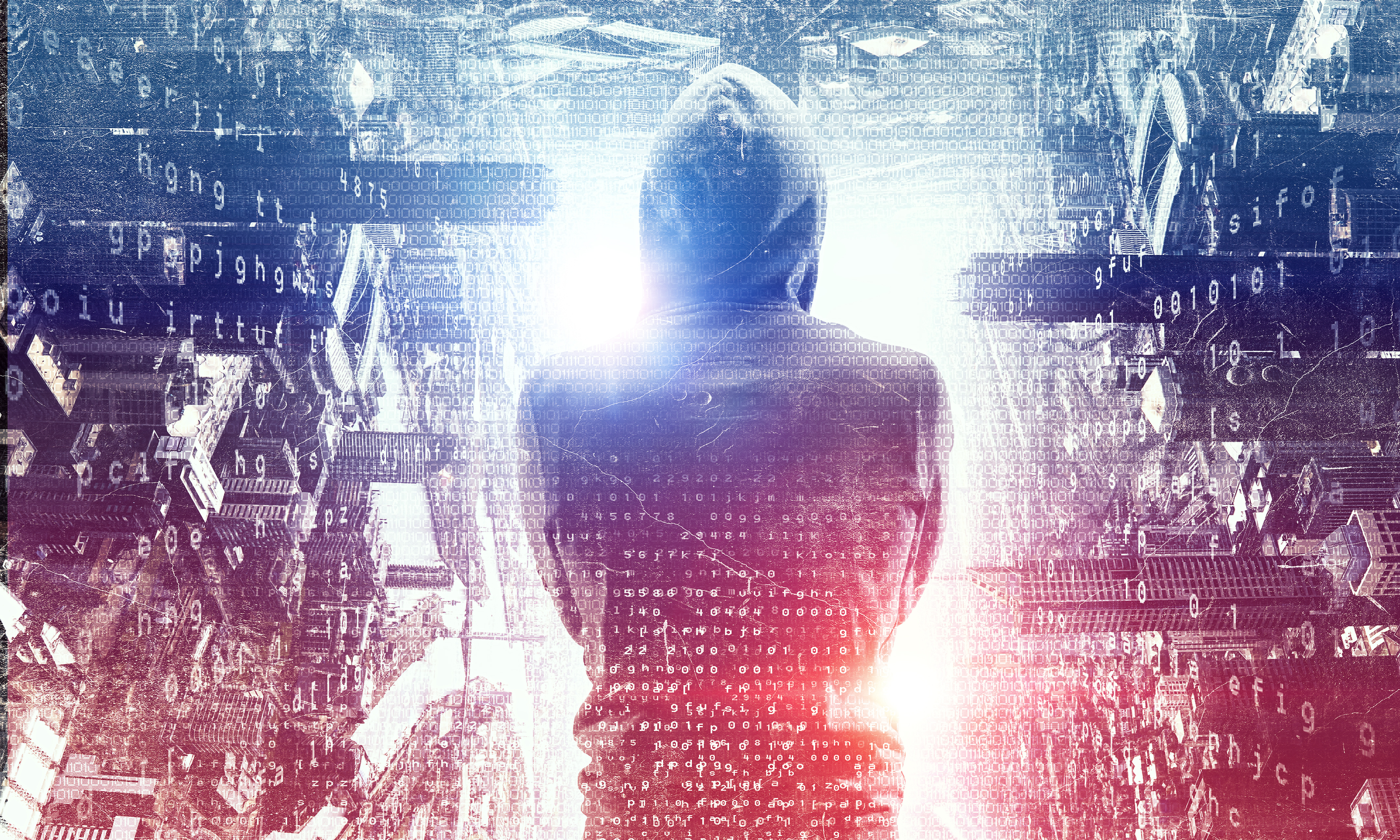 Double exposure of hacker wearing hoodie and modern city